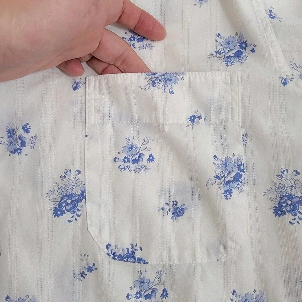 Bonsoir 100% Cotton Nightshirt Short Sleeve White Blue‎ Floral Button Front Sz L